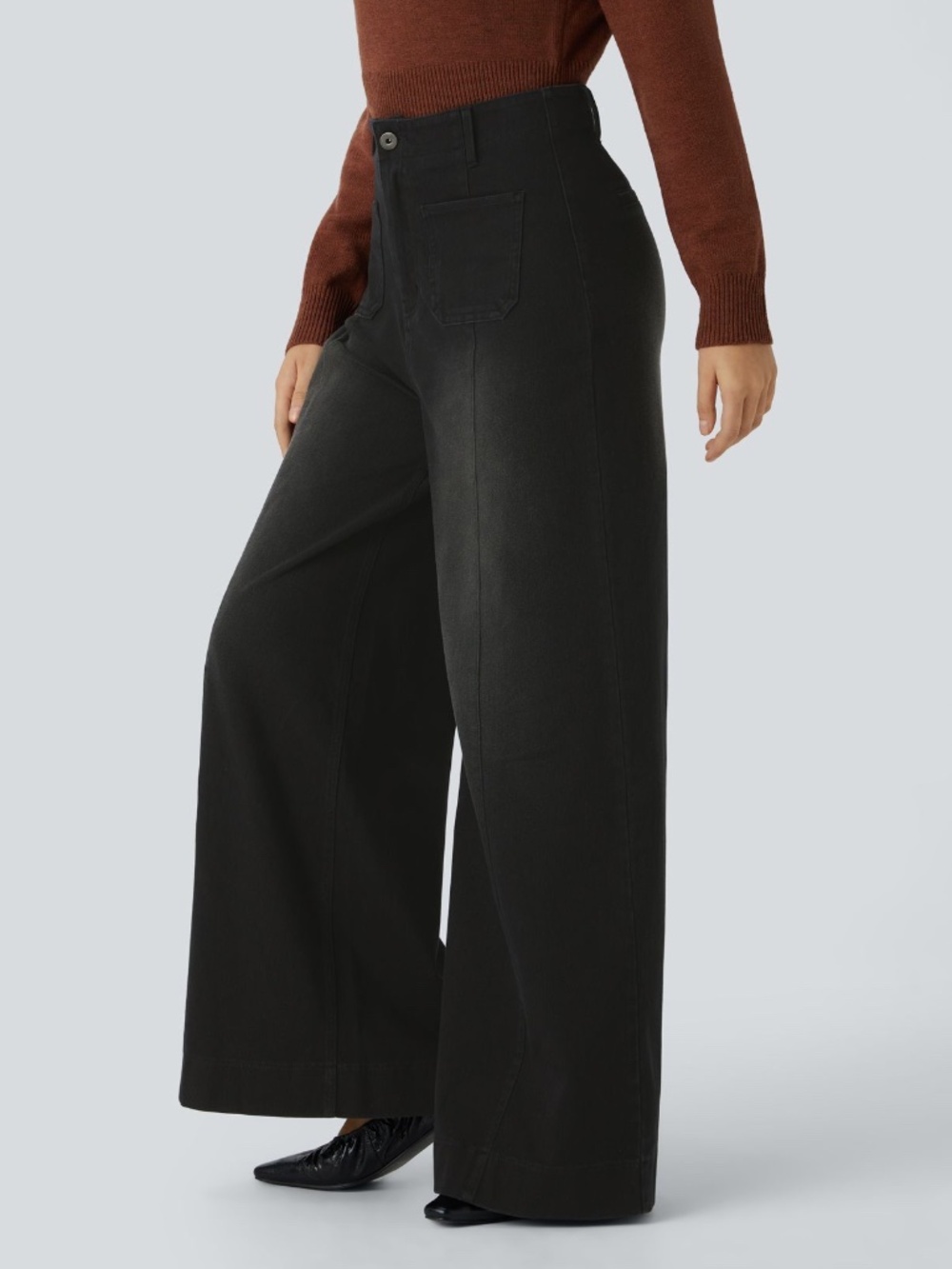 Halara Flex High Waisted Pockets Washed Wide Leg Jeans Small Coal Black Denim - Picture 12 of 12